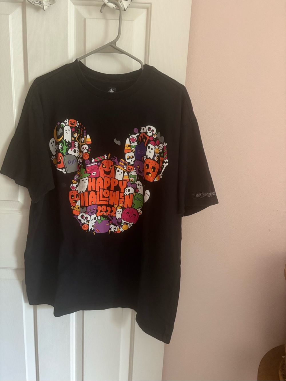 Disney Black Halloween Mickey Graphic Tee with Colorful Icons